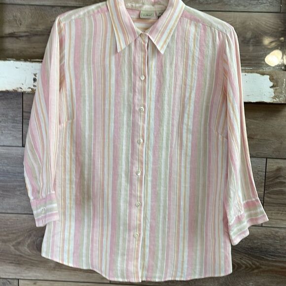 L.L. Bean Linen Button Up Long Sleeve Shirt Top Blouse Size Medium,Pink, Stripes - Picture 2 of 6